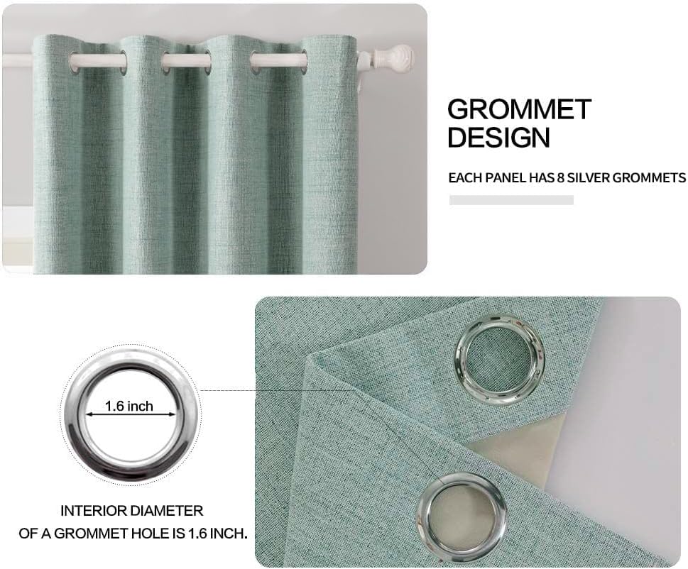 90 Inch Linen Texture Blackout Curtains – 100% Blackout Thermal Insulated Grommet Drapes for Bedroom, Living Room & Nursery, Seafoam Green, 2 Panels