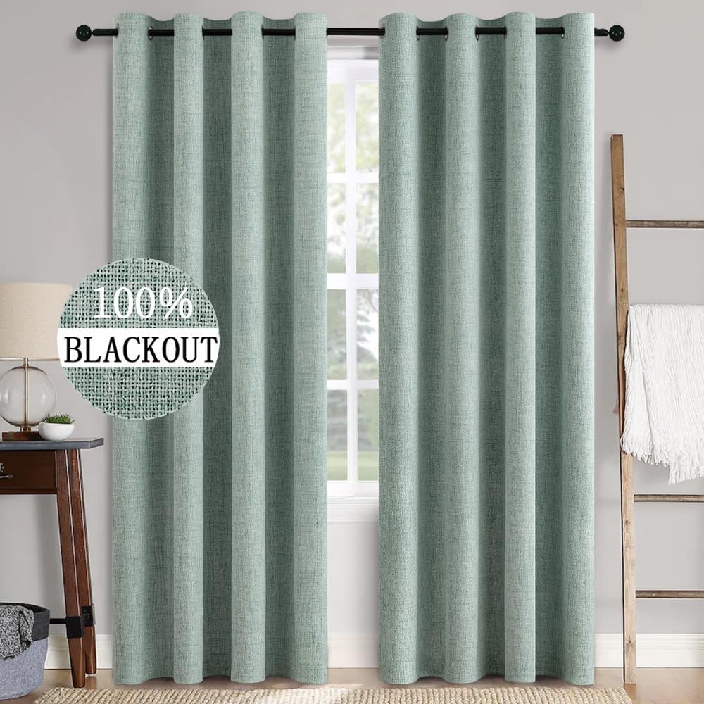 90 Inch Linen Texture Blackout Curtains – 100% Blackout Thermal Insulated Grommet Drapes for Bedroom, Living Room & Nursery, Seafoam Green, 2 Panels